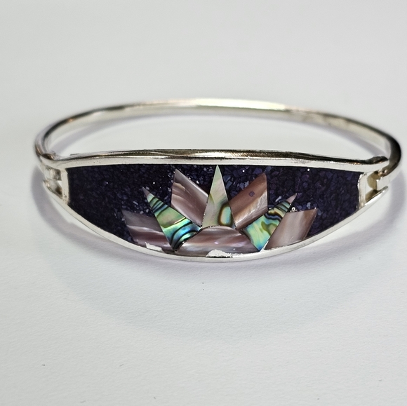 Vintage 3 Crushed Turquoise & Abalone Alpaca Silver Bracelets! - Picture 3 of 10